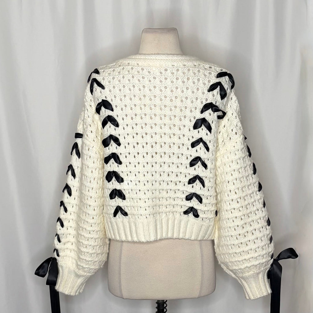 FOR LOVE & LEMONS Laurel Cardigan Sweater Office White Black Ribbons X-Small