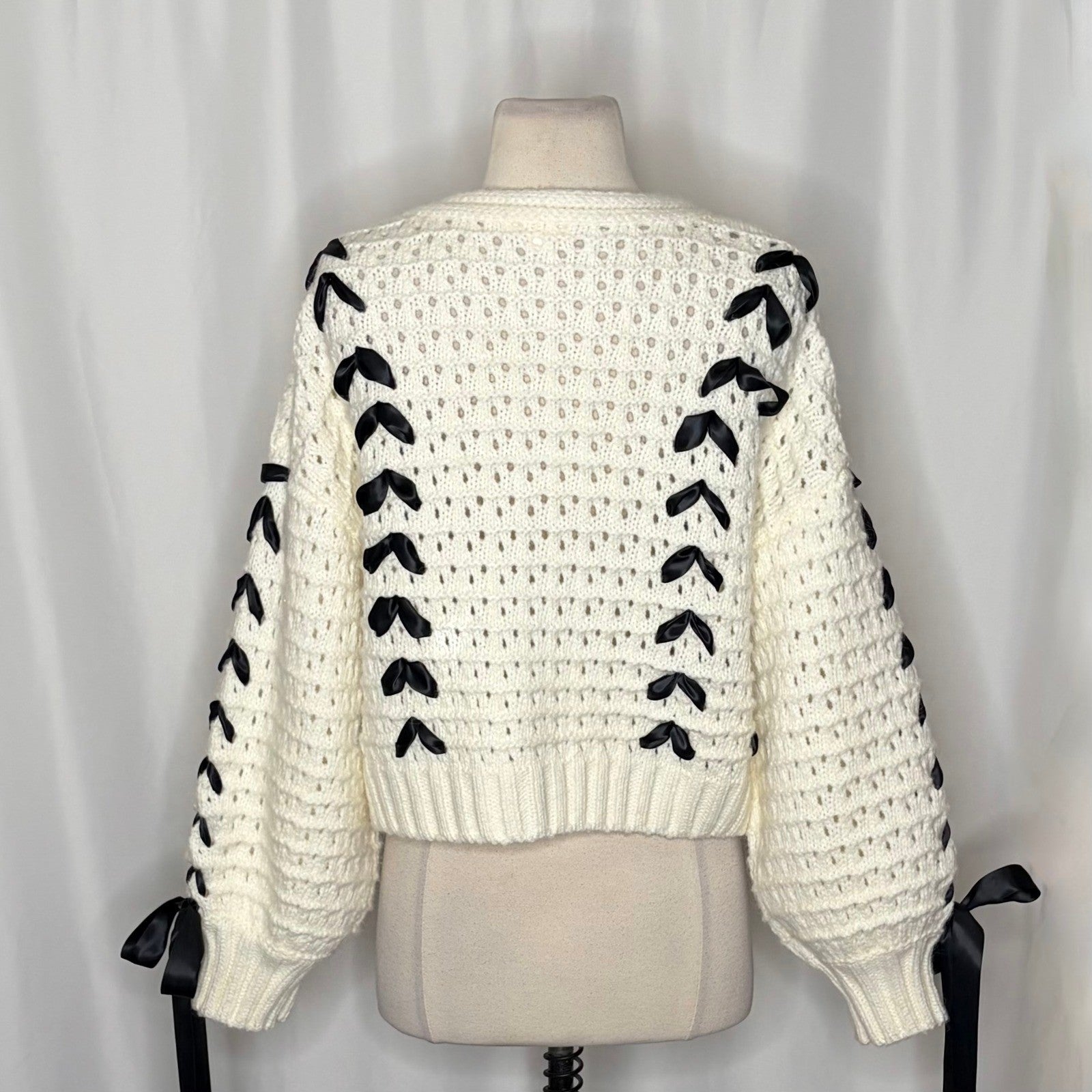 FOR LOVE & LEMONS Laurel Cardigan Sweater Office White Black Ribbons X-Small