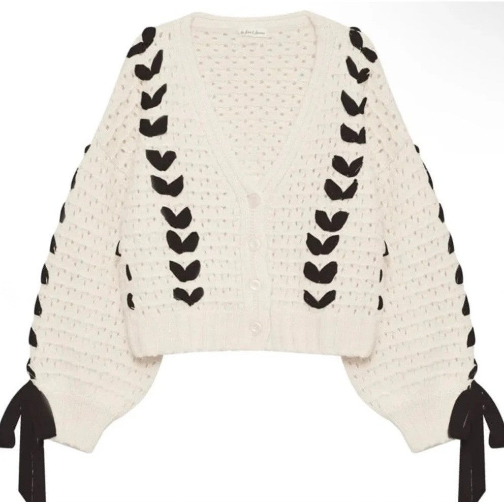 FOR LOVE & LEMONS Laurel Cardigan Sweater Office White Black Ribbons X-Small
