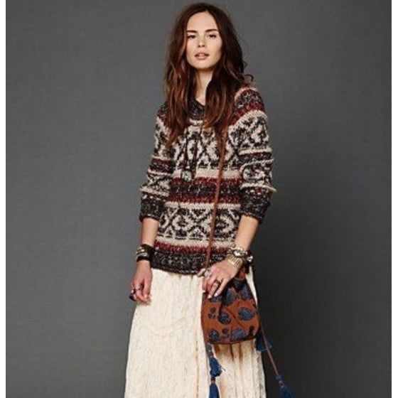 FREE PEOPLE Silver Reed Chunky Knit Fairisle Fair Isle Sweater Wool Linen Small