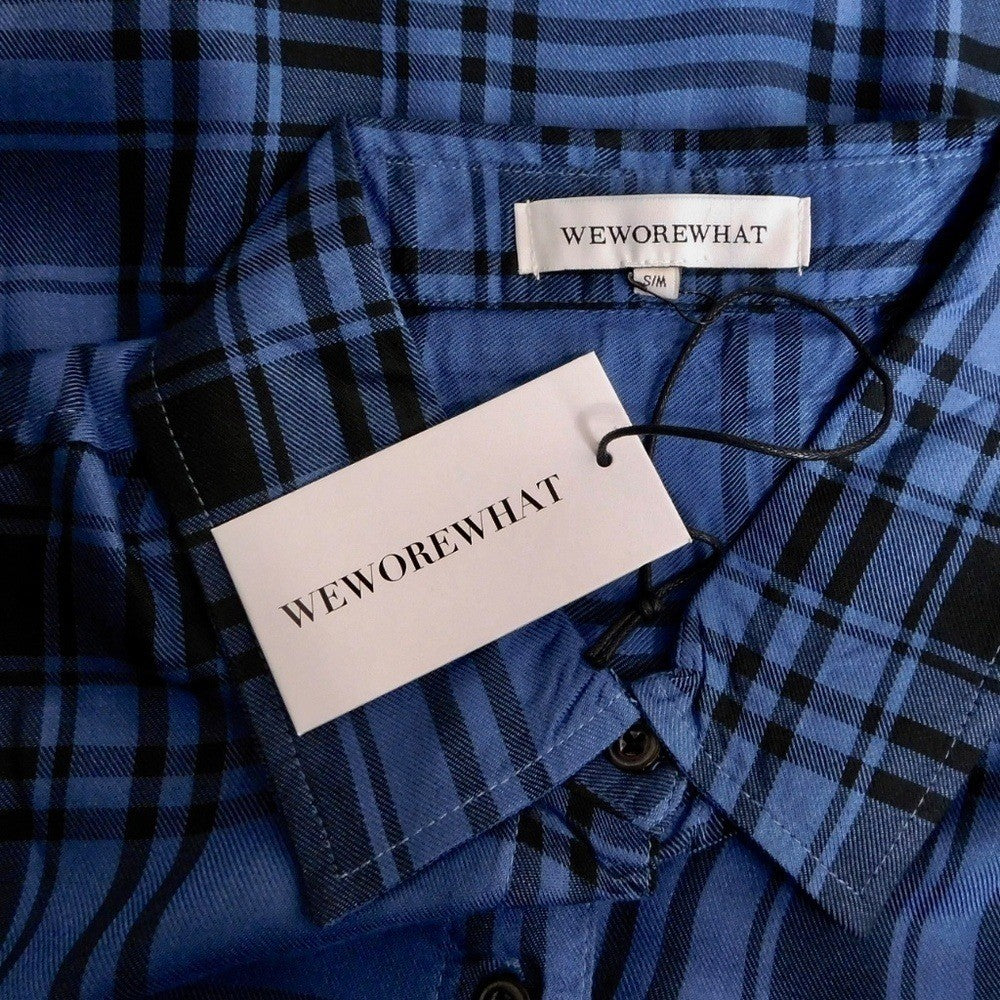 NWT!! WEWOREWHAT Boyfriend Shirt Plaid Navy Blue Collared Oversized Small Medium