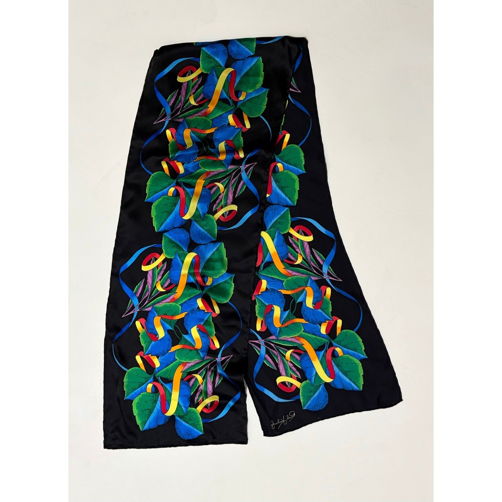 Vintage RUSH LIMBAUGH Aspen Leaves Colorful Rectangular Silk Scarf Black Floral