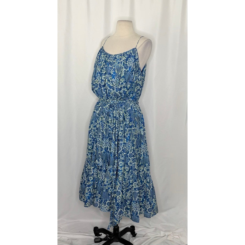 RHODE Lea Belted Floral Printed Cotton-Poplin Midi Dress Blue Vacation X-Small
