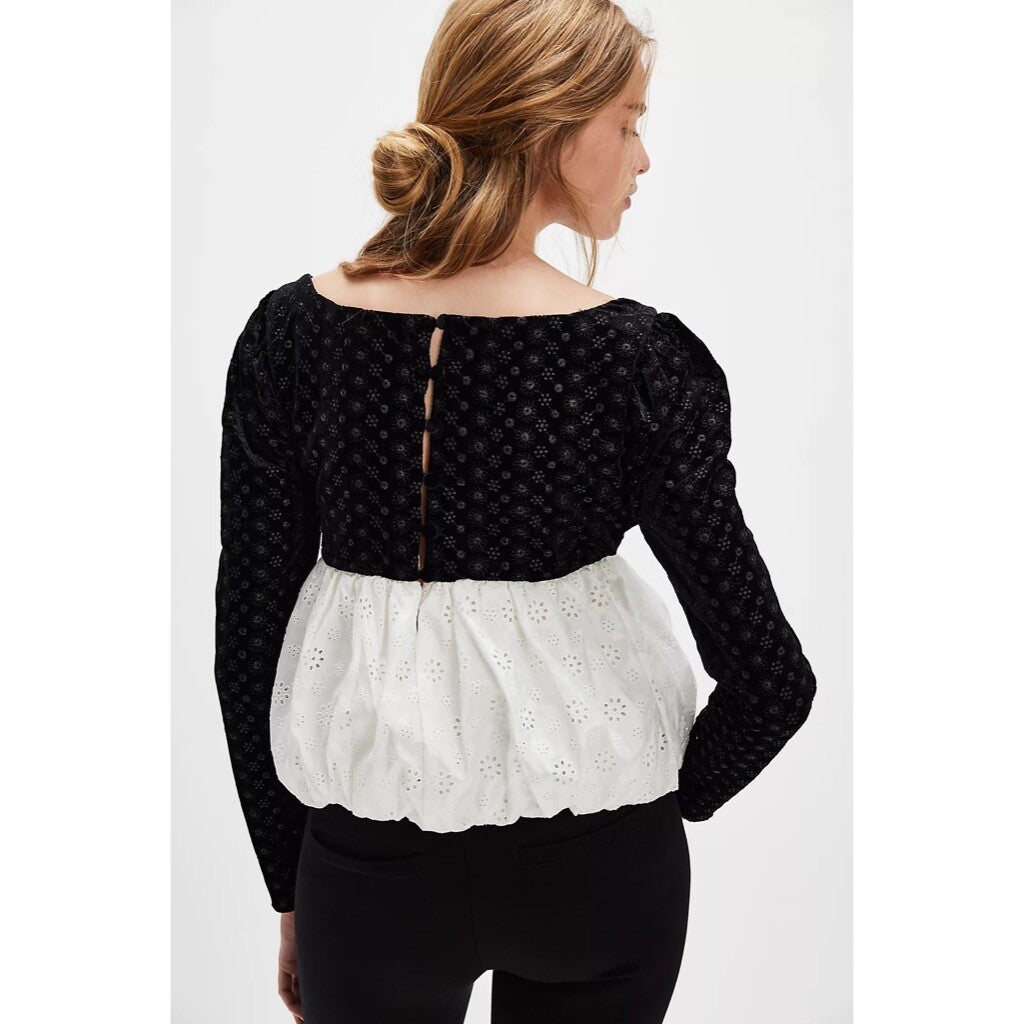 NWT!! FOR LOVE AND LEMONS Elisa Long Sleeve Top Black Velvet Taffeta Eyelet XS
