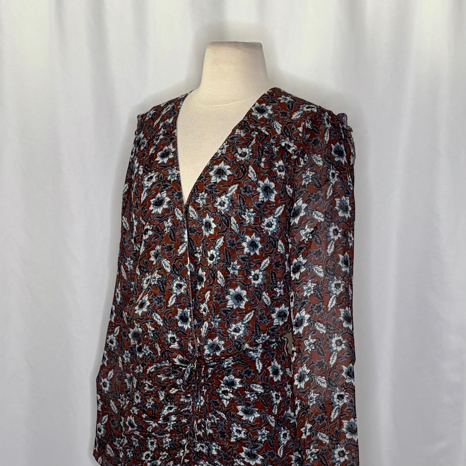 VERONICA BEARD Georgette Silk Floral Anjali Dress Mini Ruched Ruffles Clay 8