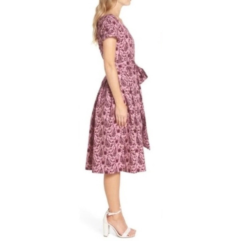 GAL MEETS GLAM Hallie Dress Paisley Floral Pink Purple Box Pleats Pockets Size 8