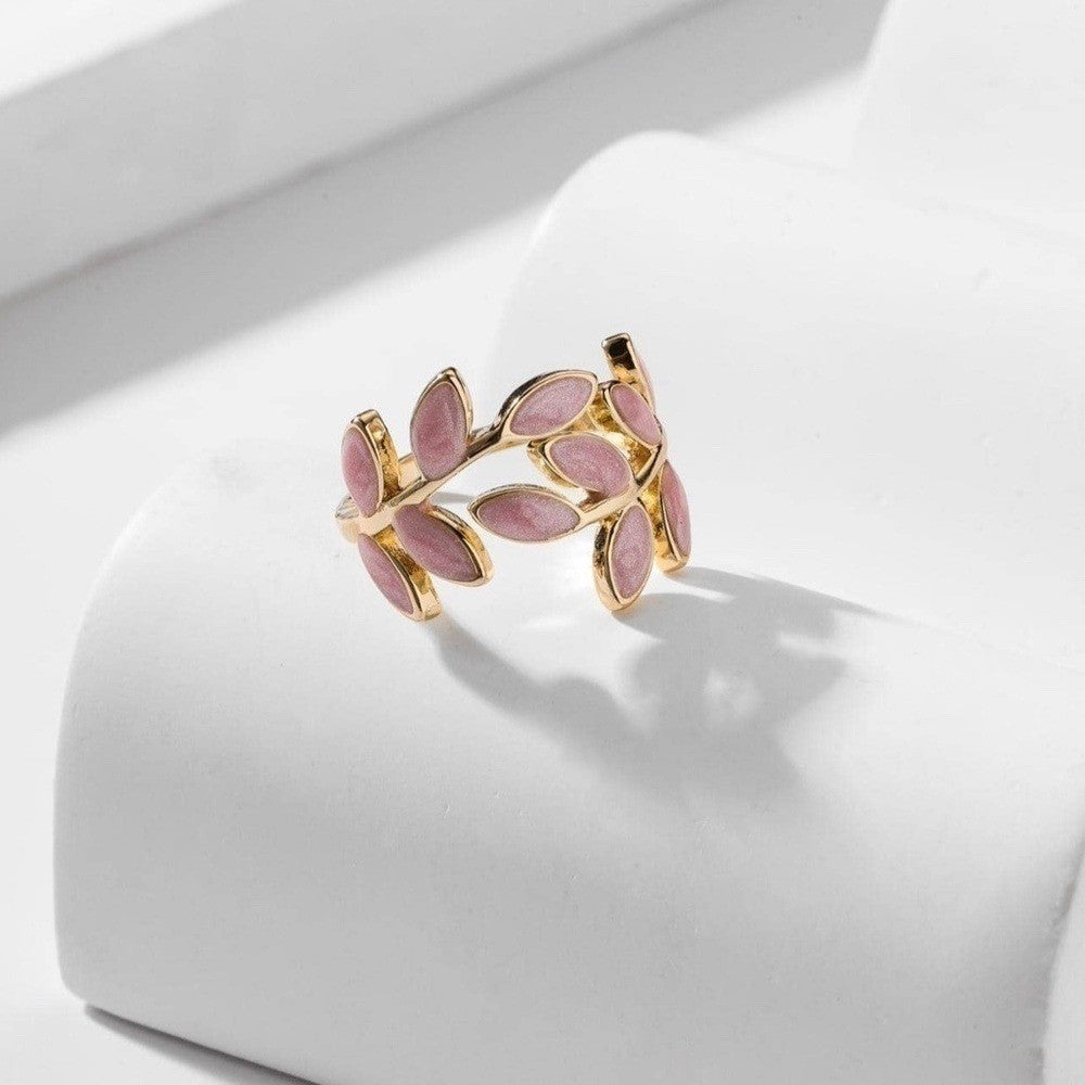 Leaf Design Cuff Ring Gold Pink Adjustable Boho Festival Leaves Botany Plant