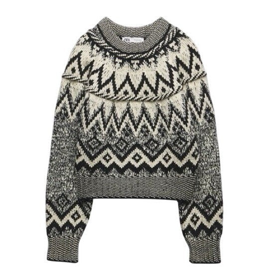 ZARA Nordic Fairisle Jacquard Sweater Black White Fair Isle Knit Pullover Medium