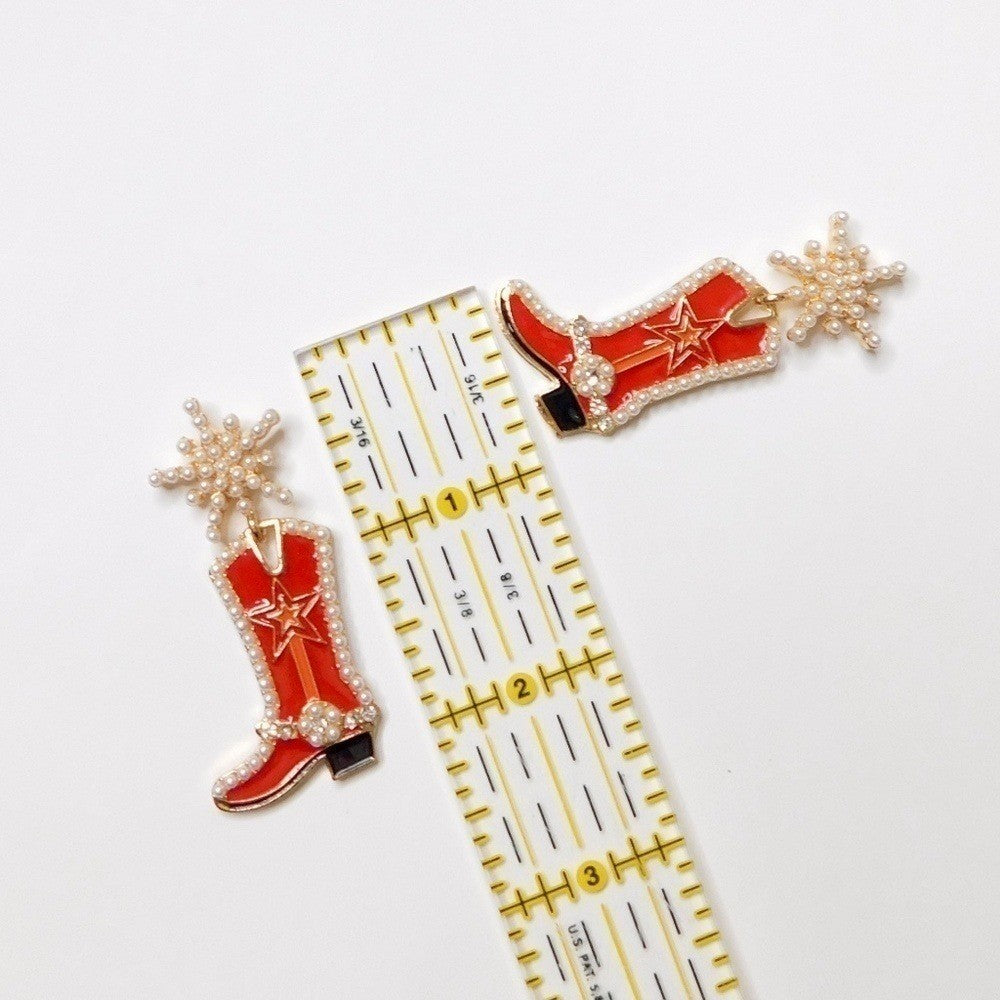 NEW! Red Cowgirl Boots Pearl Embellished Rhinestone Western Bling Glam Earrings