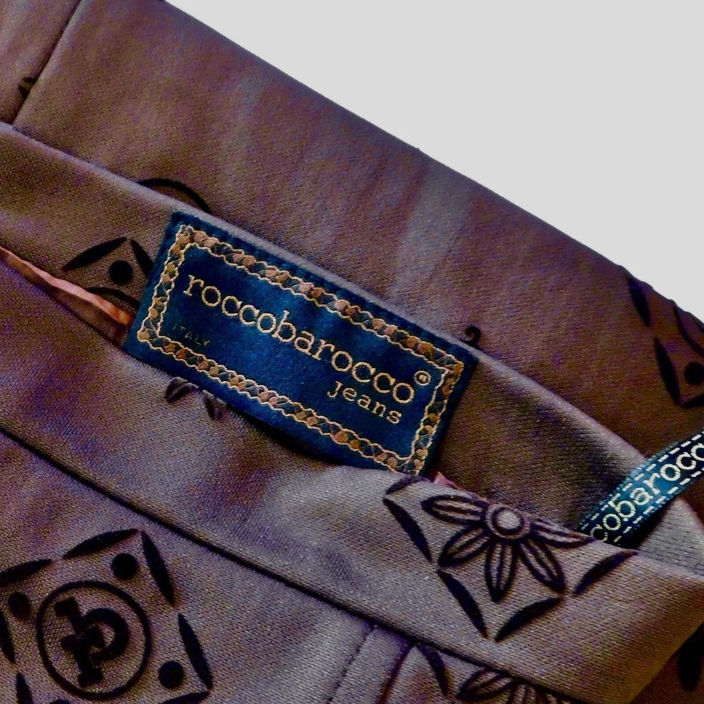ROCCOBAROCCO Jeans Italian Brown Logo Print A-Line Skirt Flocked Office Size 8