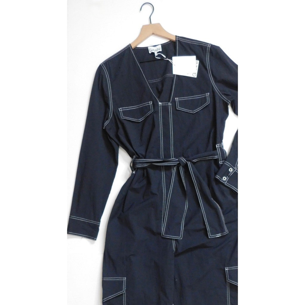 NWT!! GANNI Belted Contrast-Stitch Jumpsuit Black Cargo Pockets Organic Cotton 8