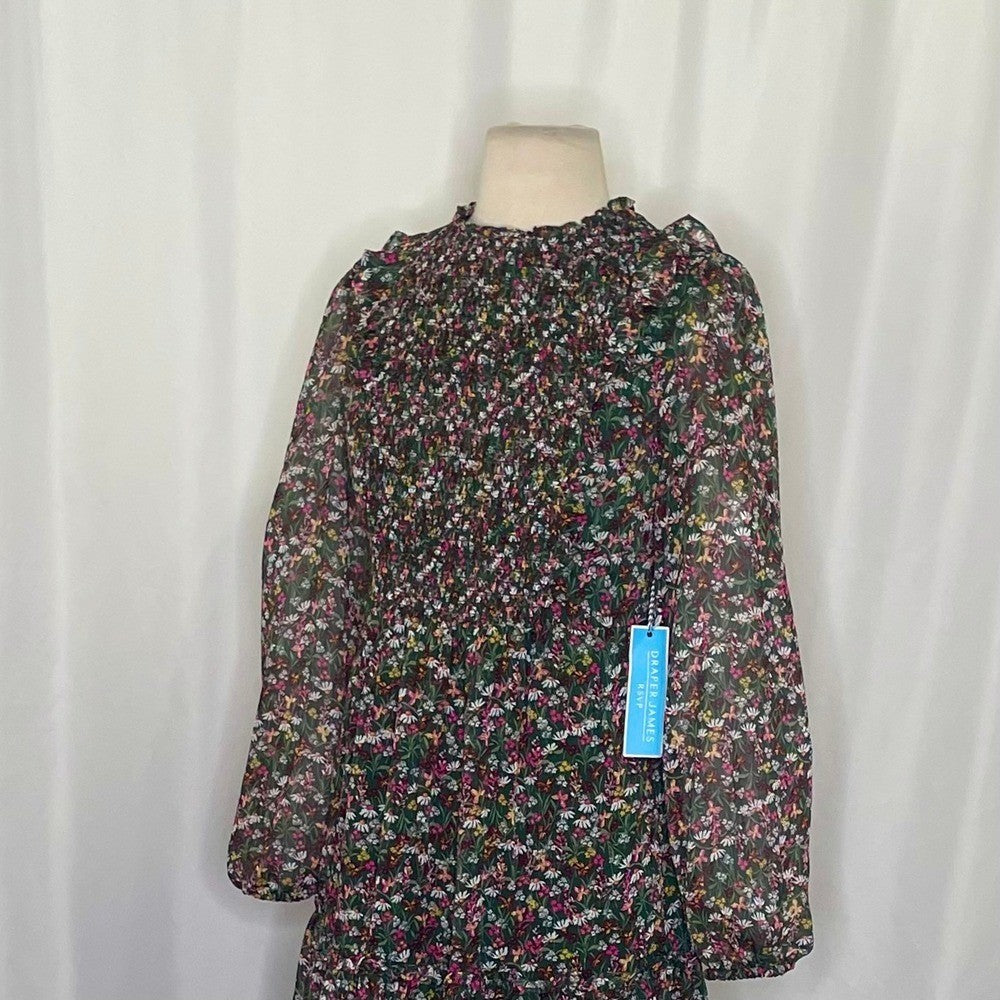NWT!! DRAPER JAMES RSVP Green Floral Smocked Dress Midi Holidays Party X-Small
