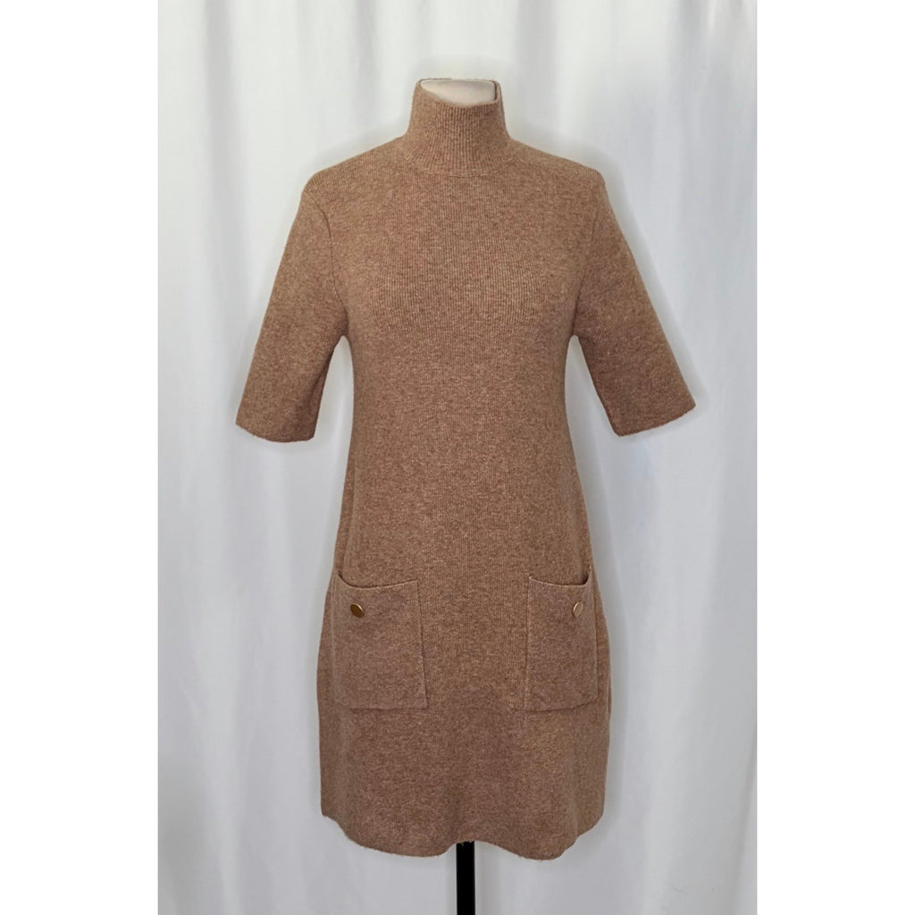 ZARA Chic Mock Neck A-Line Dress Pockets Brown Wool Preppy Mockneck Knit Small
