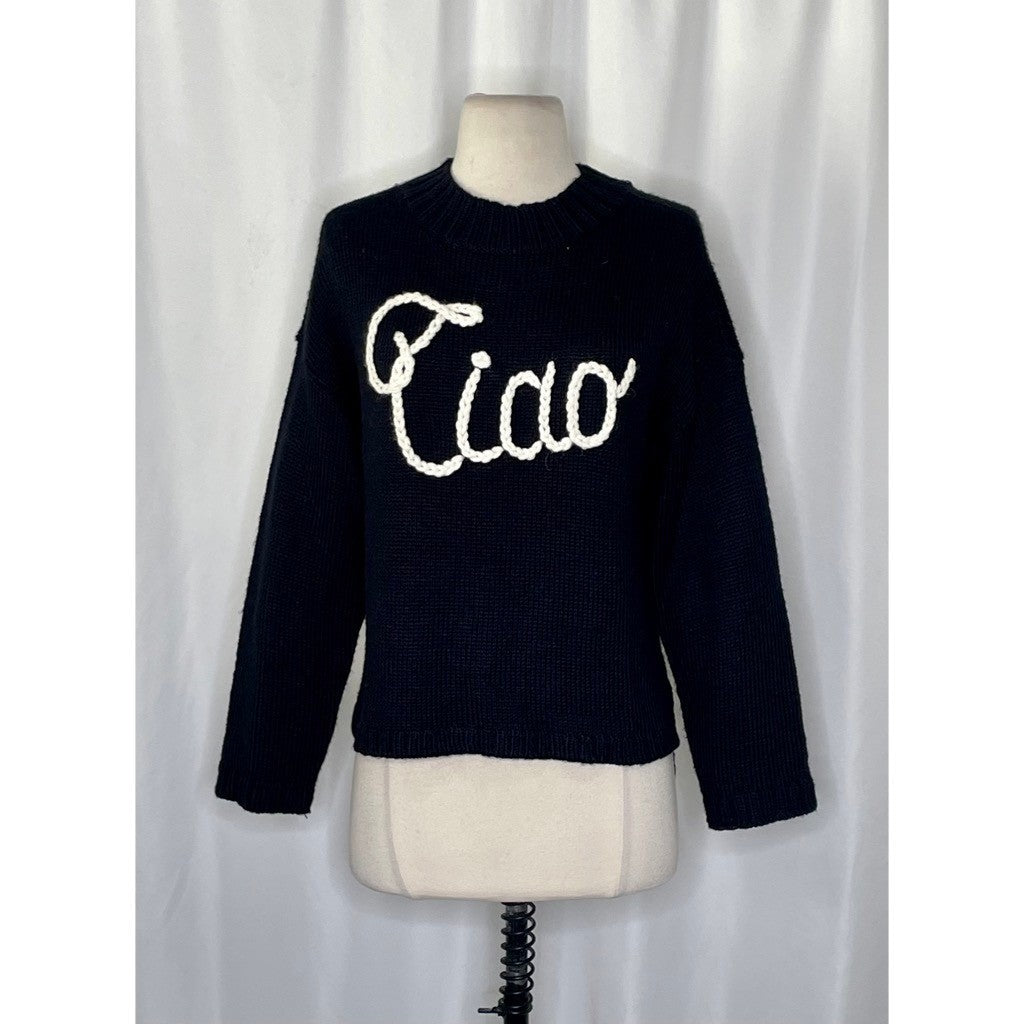 WILDFOX Couture Dinner Party Ciao Bella Black White Embroidered Sweater Small
