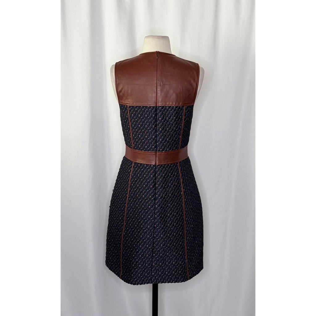 THEORY Calvino Mixed Media Tweed Lamb Leather Dress Brown Blue Fit and Flare 6