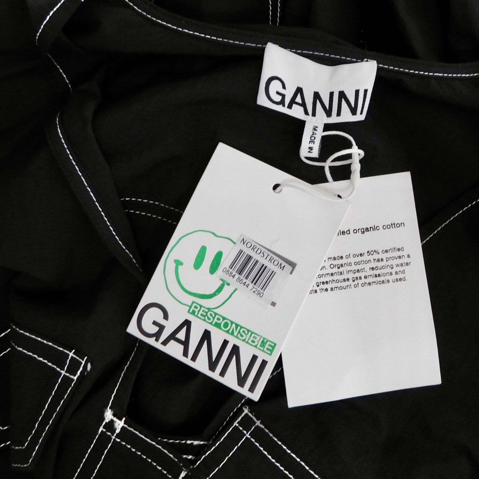 NWT!! GANNI Belted Contrast-Stitch Jumpsuit Black Cargo Pockets Organic Cotton 8