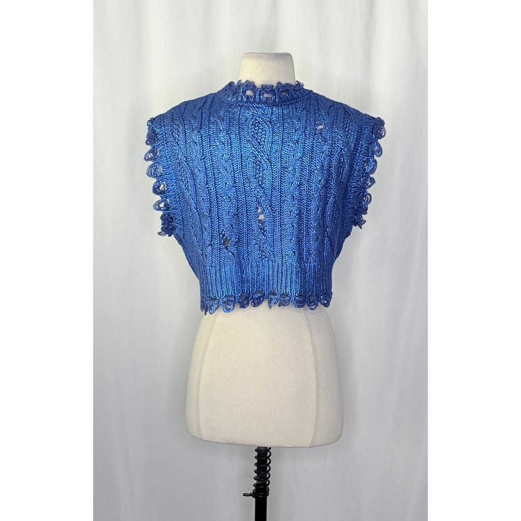 ZARA Metallic Blue Cropped Sweater Cableknit Distressed Cable Knit Crop Small