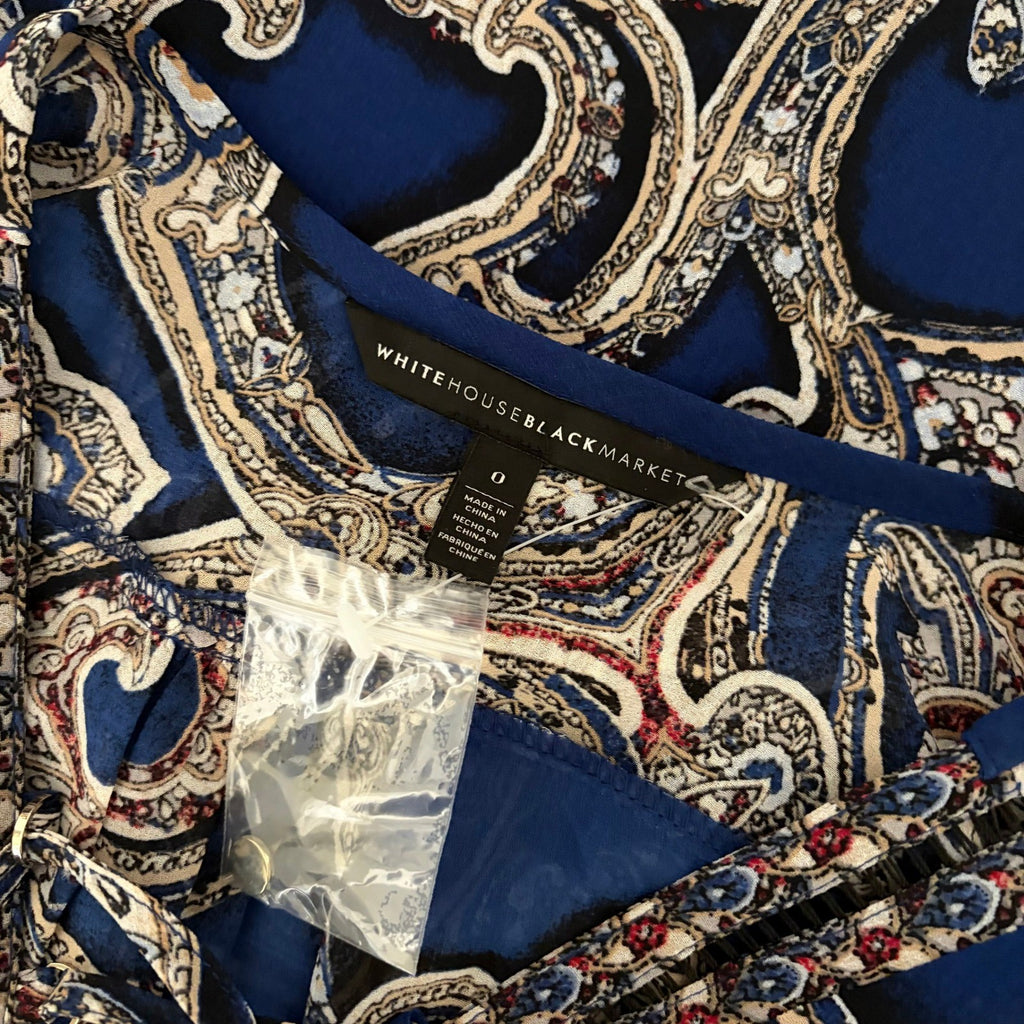 NEW!! WHBM Blue Paisley Smocked Waist Lace-Up Dress White House Black Market 0