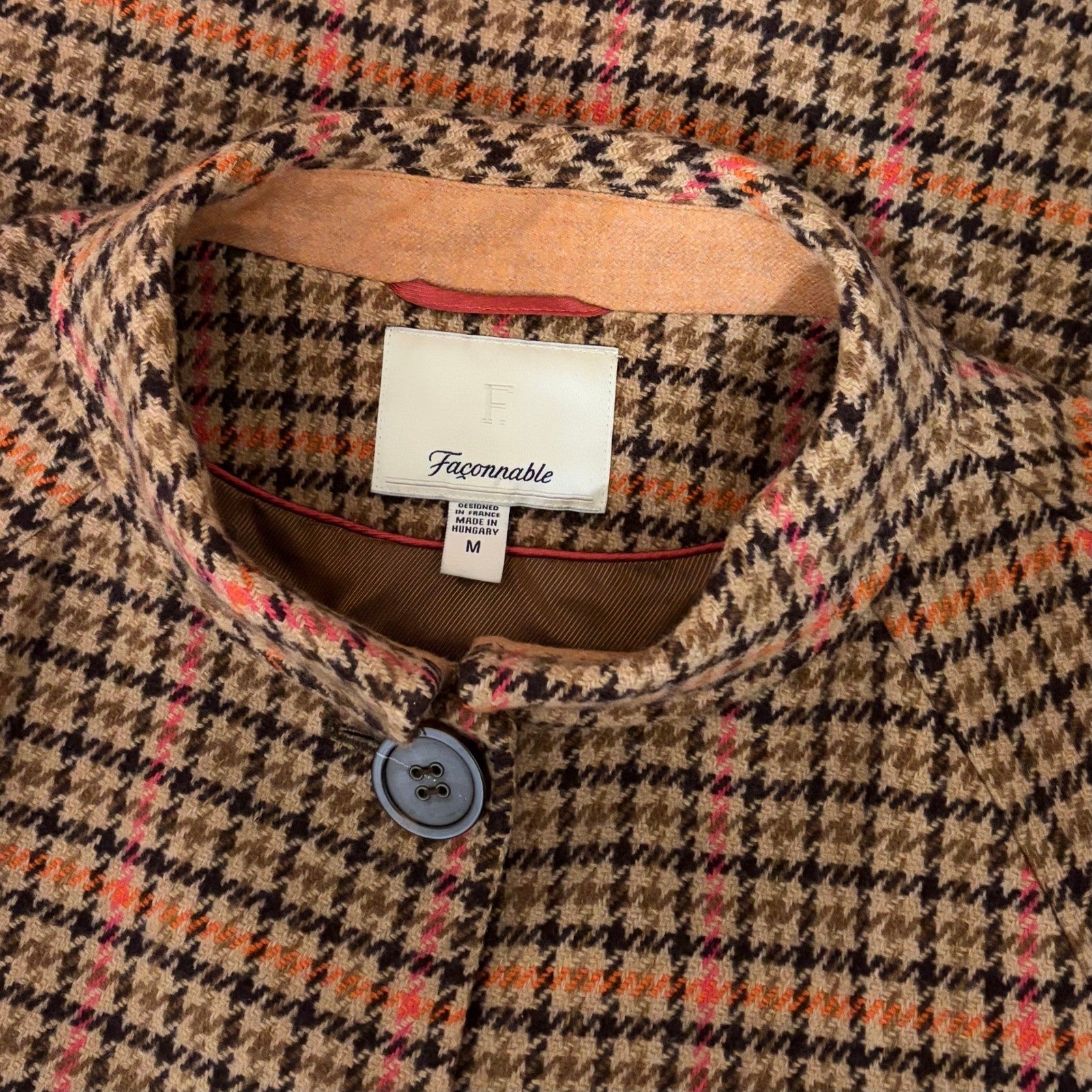 FACONNABLE Wool Plaid Jacket Coat Suede Trims Preppy Academia Swingy Medium