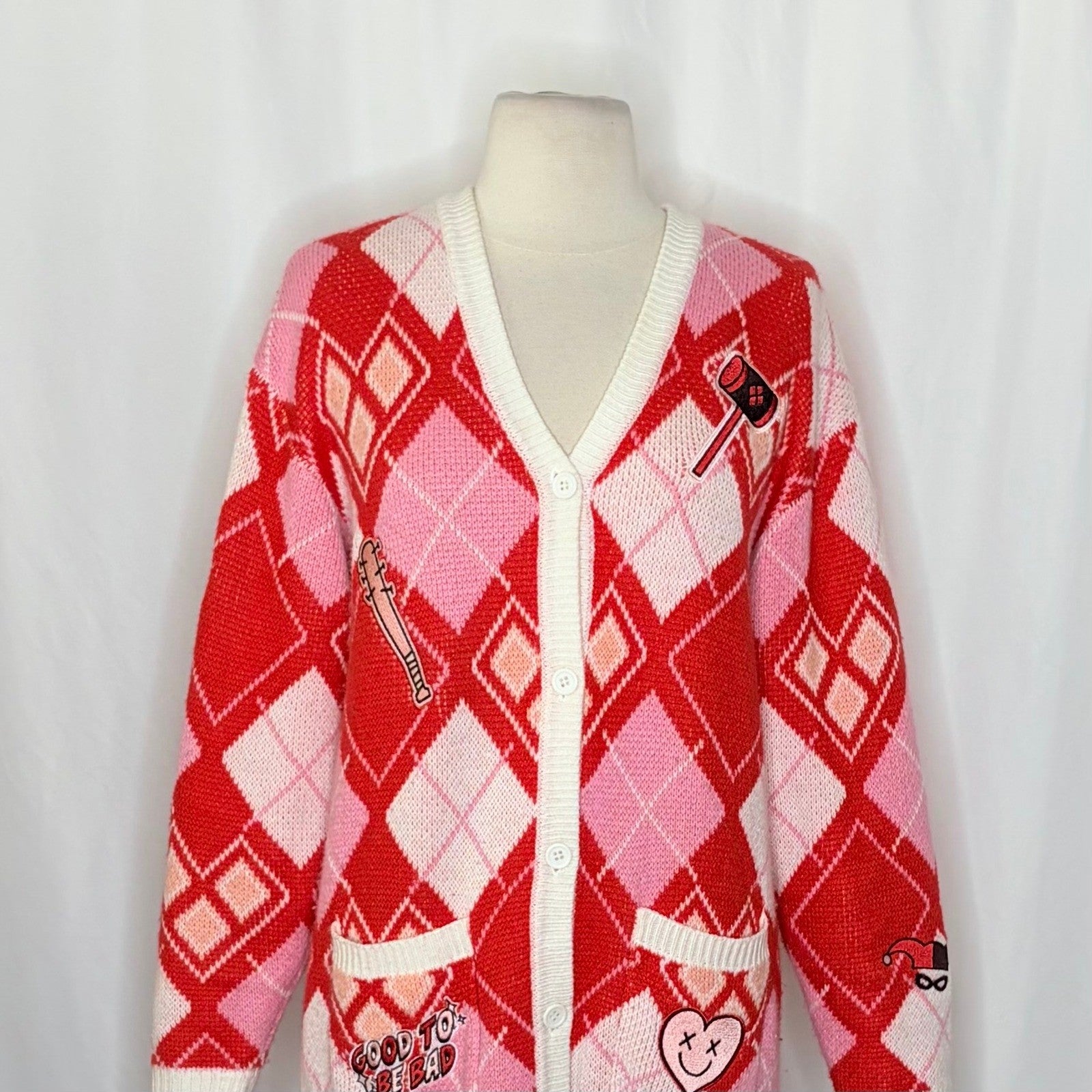 HARLEY QUINN Argyle Cardigan Sweater DC Comics Harlequin Batman Joker Small