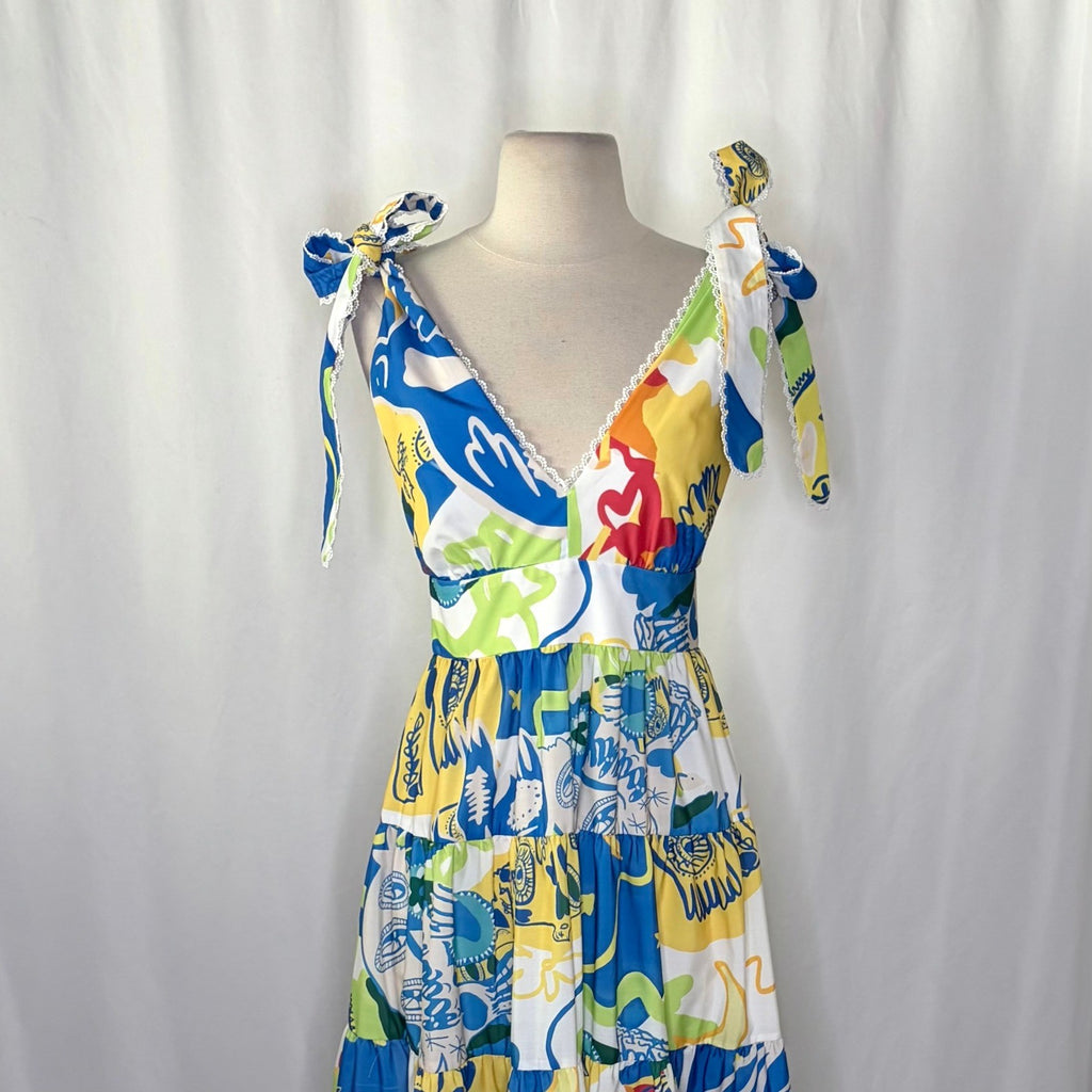 NWT!! CHELSEA & VIOLET Cecily Maxi Dress Colorful Abstract Vacation Tiered XS