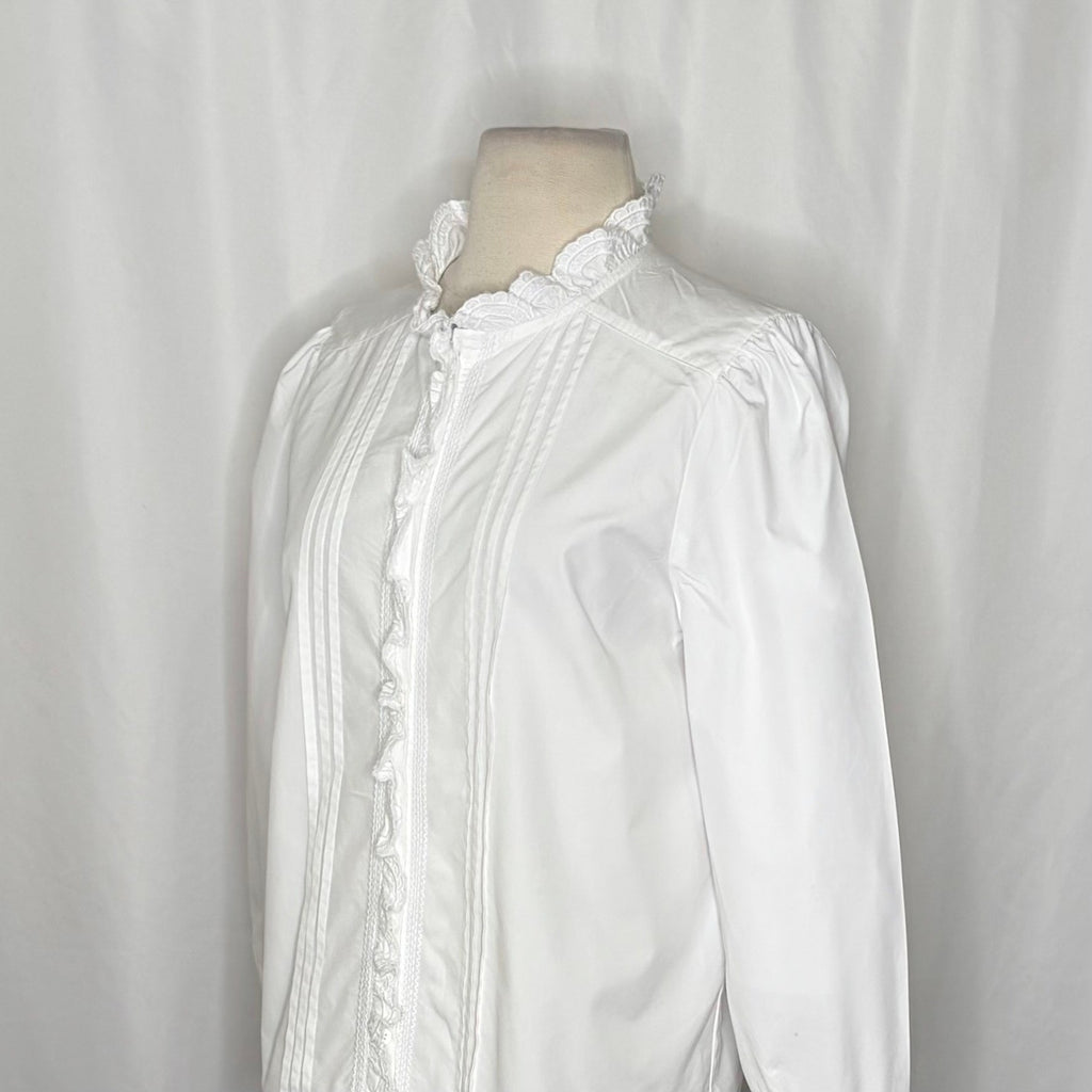 SUNDANCE White Pleated Embroidered Ruffled Buttondown Top Blouse Petite Small