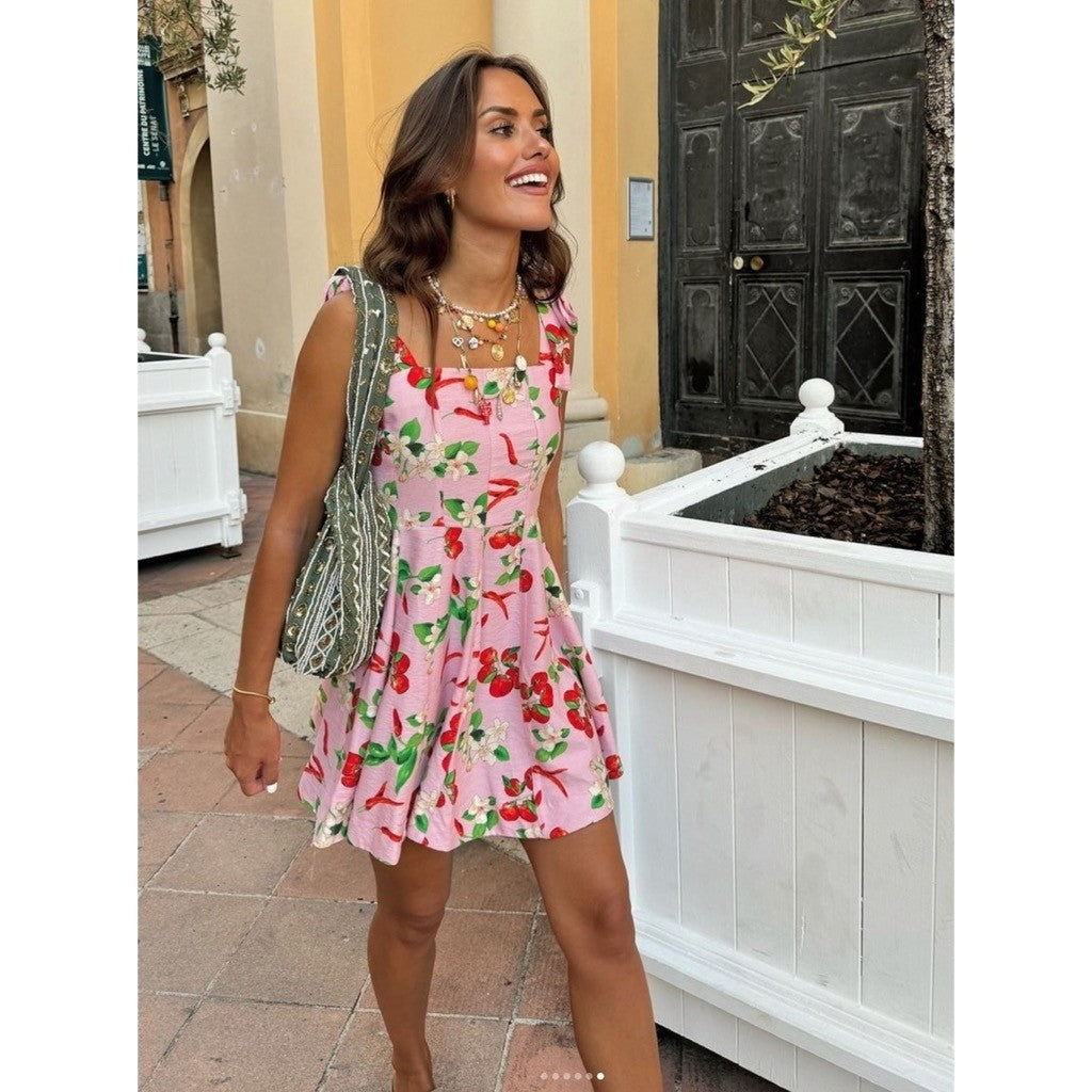 NWT!! ZARA Pink Cherries Veggie Print Mini Dress Cherry Vacation Medium