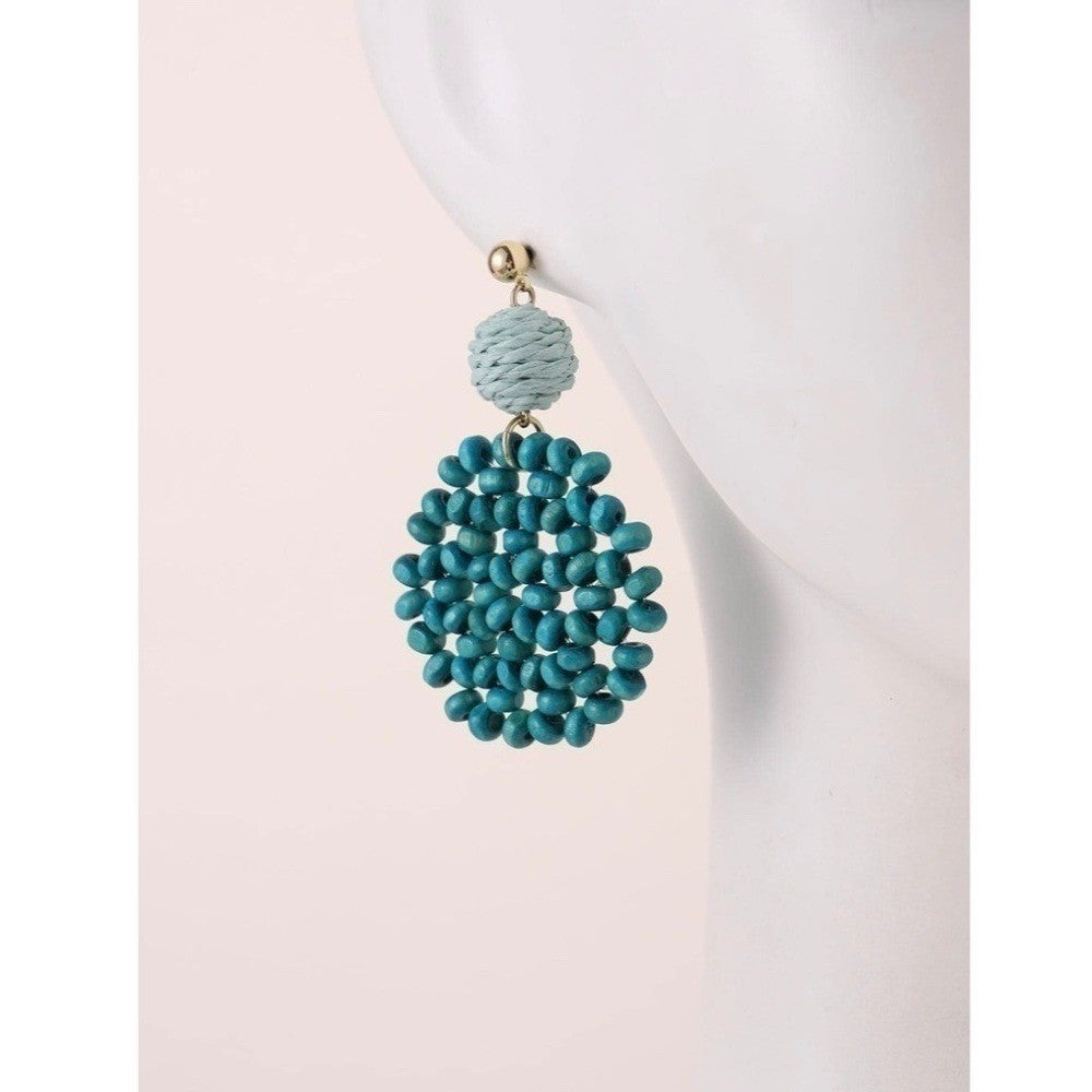 NEW Teal Wooden Beaded Drop Dangle Earrings Balls Vacation Resortwear Cruise