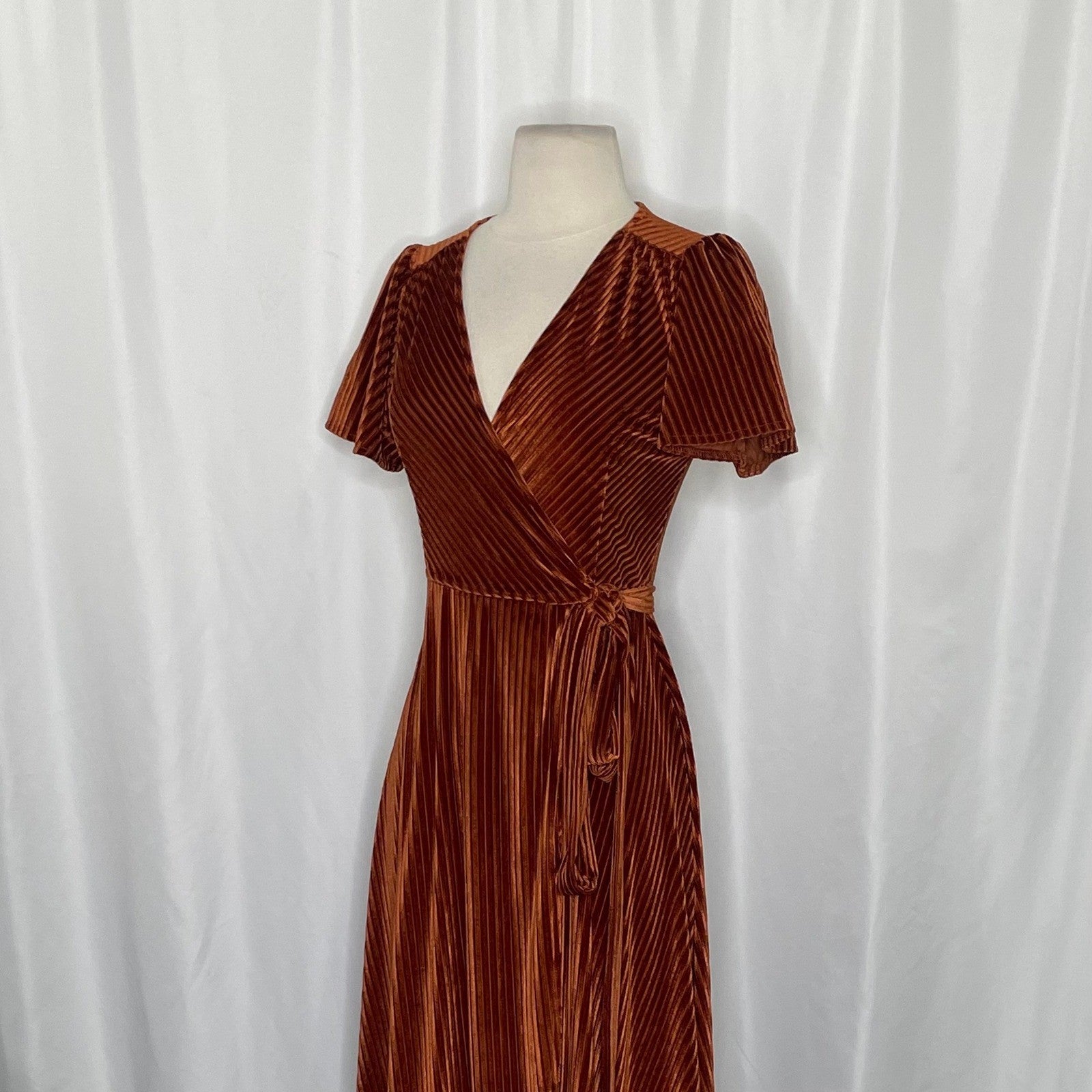 BALTIC BORN Andi Velvet High Low Maxi Dress Ribbed Party Holiday Copper Rust XS