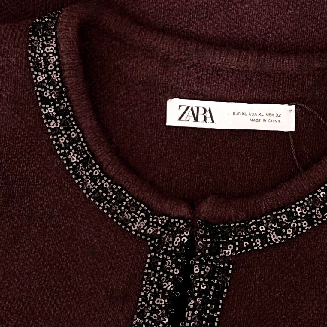 ZARA Wool Beaded Cardigan Sweater Knitwear Embellished Cropped Solid X-Large