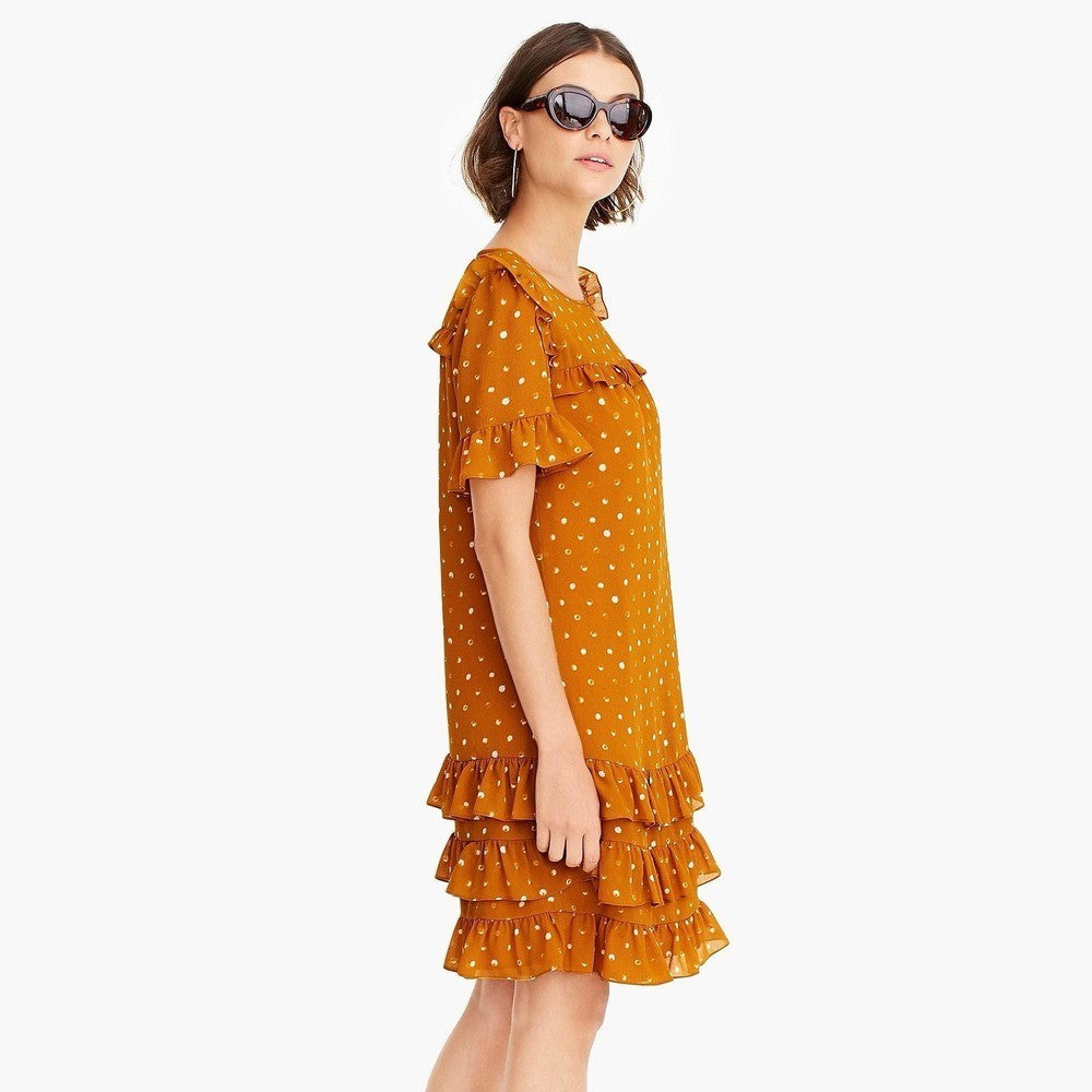 J. CREW Point Sur Ruffled Crinkle Polka Dot Dress Warm Caramel Party Size 2