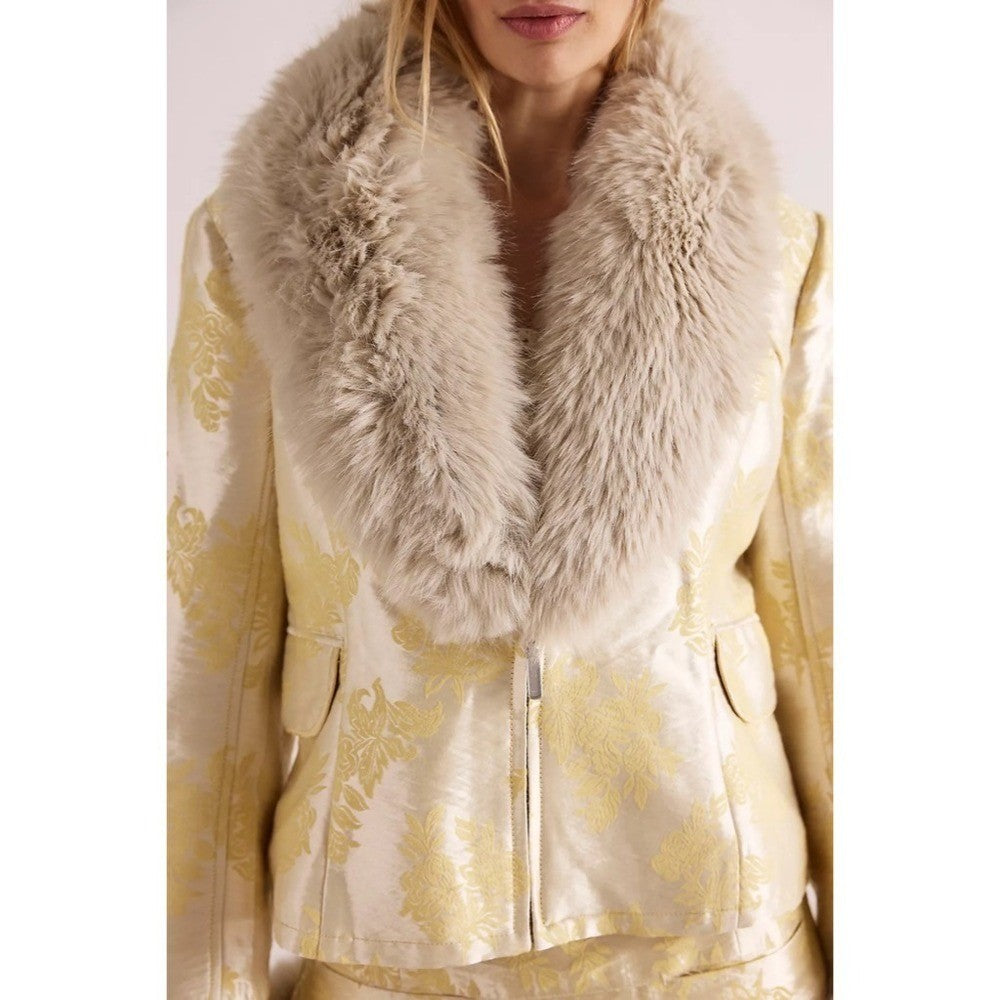 NWT!! FREE PEOPLE French Exit Laluna Jacket Jacquard Faux Fur Collar Large