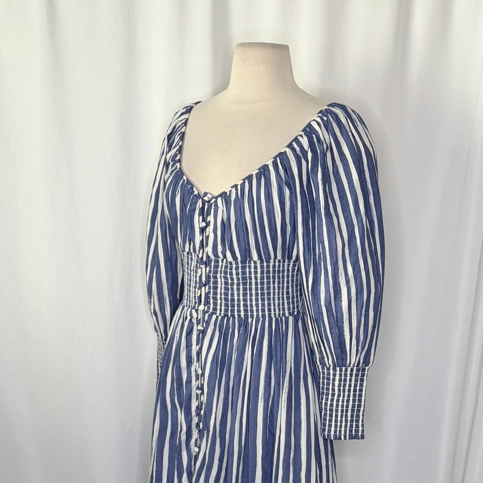 NWT!! By ANTHROPOLOGIE Long Sleeve Sweetheart Midi Dress Blue White Striped XS