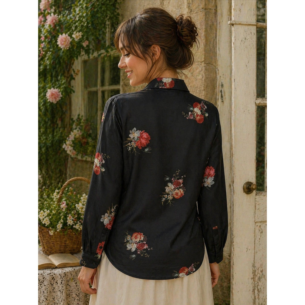 THE KOOPLES Silk Blend Black Floral Buttondown Top Blouse Button Down 0 / XS