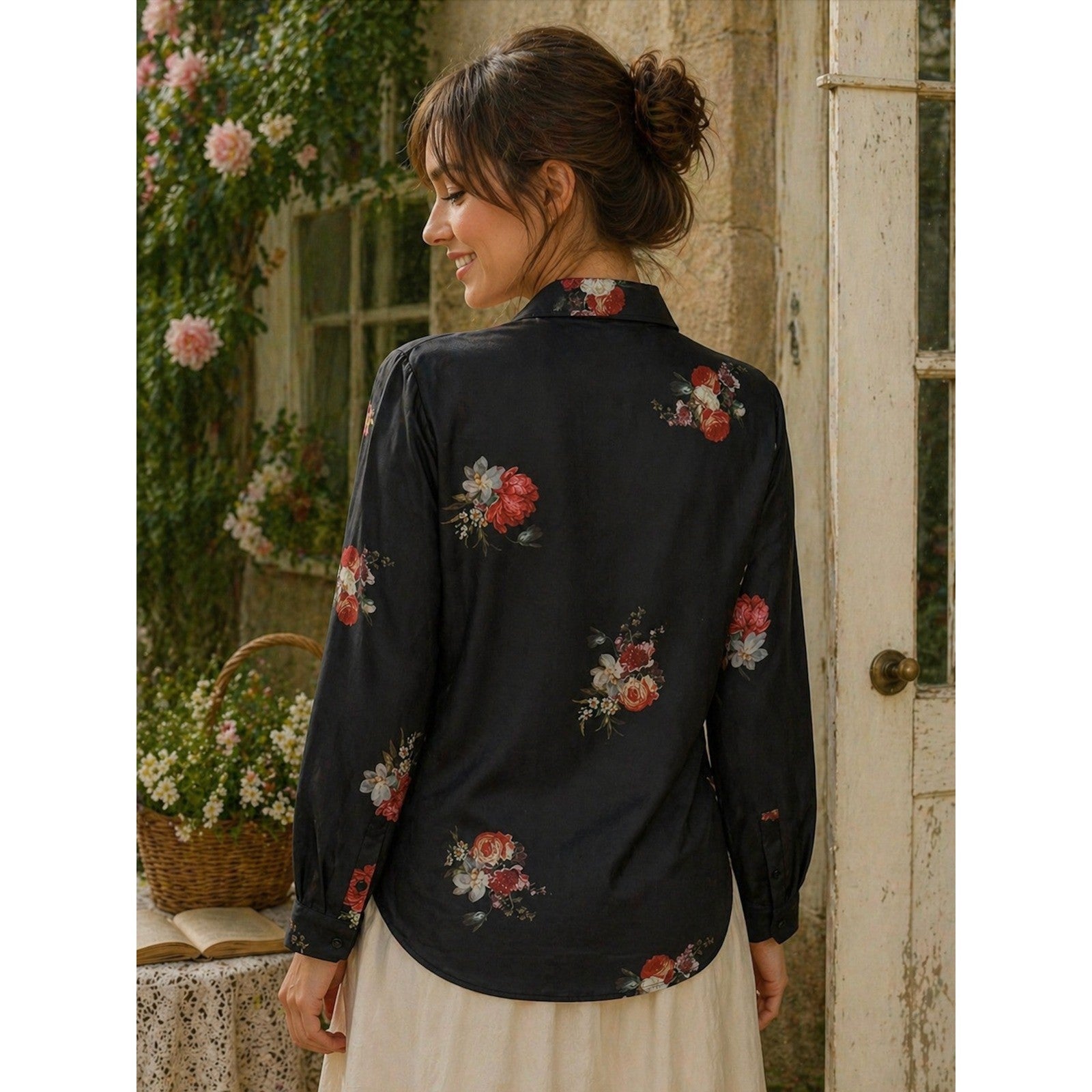 THE KOOPLES Silk Blend Black Floral Buttondown Top Blouse Button Down 0 / XS