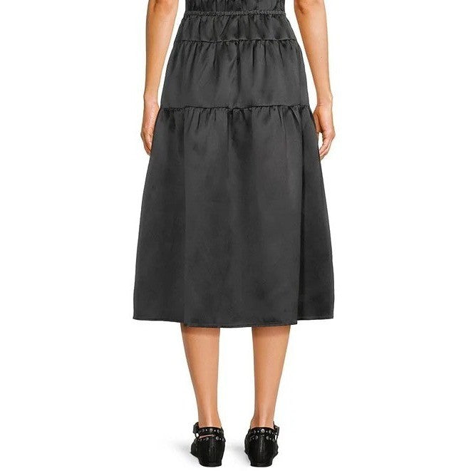 NWT!! MOD REF Black Taffeta Midi Tiered Skirt Solid Elastic Waist X-Small