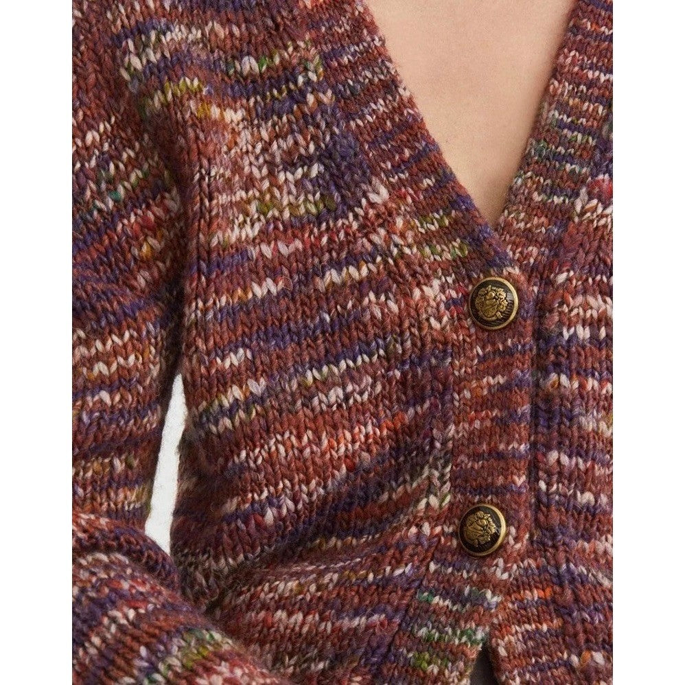 VERONICA BEARD Amosa Wool Cardigan Sweater Marled Puff Sleeves Burgundy Large