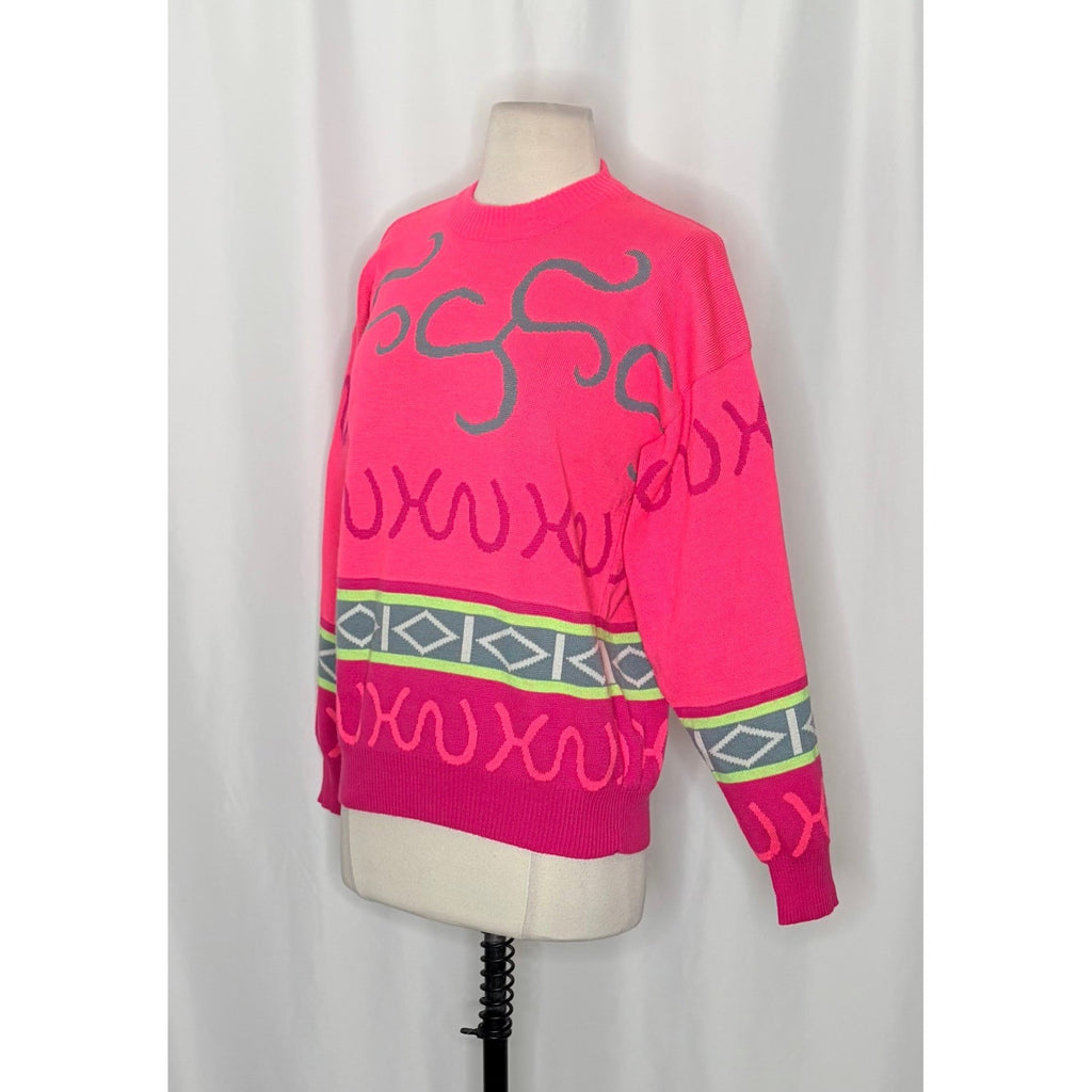 Vintage SUMMIT COUNTY Sporty Wool Blend Crew Neck Sweater Pink Colorful Medium