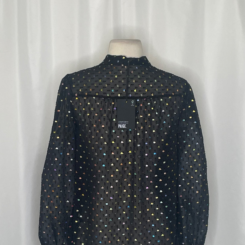 NWT!! PAIGE Cleobelle Black Metallic Tie Neck Top Blouse Rainbow Clip Dot XS