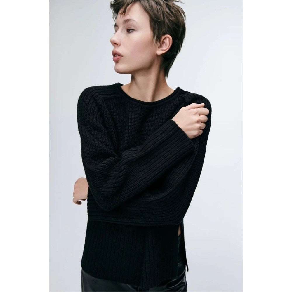 ZARA Wool Blend Solid Black Shaker Knit Pullover Sweater Minimalist Medium