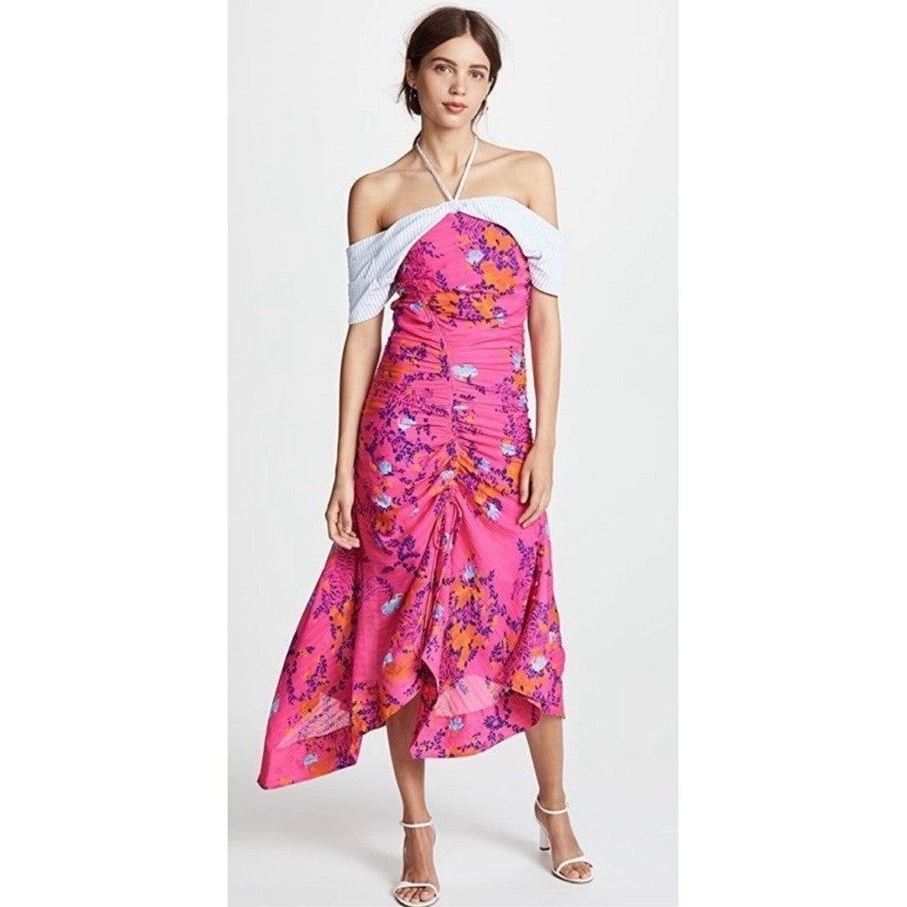 NWT!! TANYA TAYLOR Silk Virginia Dress Falling Floral Pink Striped Halter Size 0
