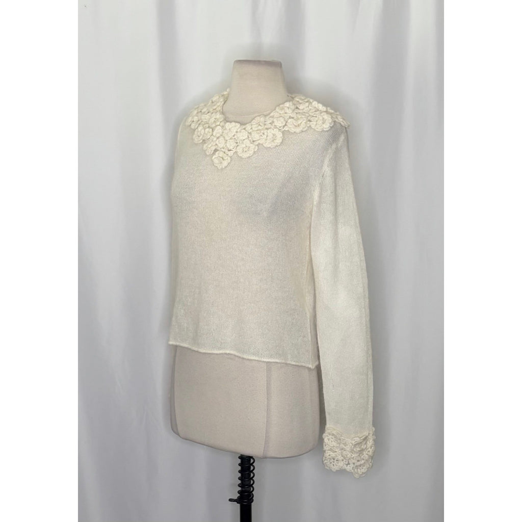ZARA Alpaca Wool Ecru Crochet Flower Appliqué Sweater Blogger Favorite Small