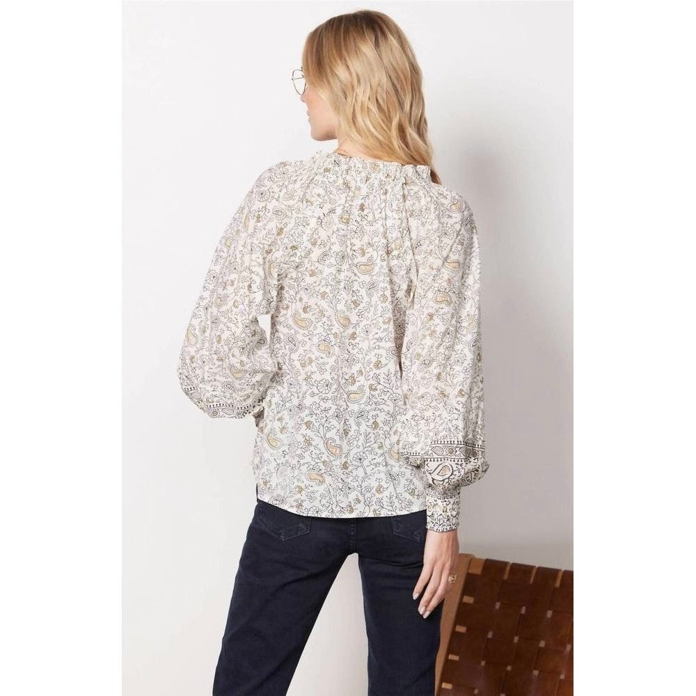 CLEOBELLA Ivy Blouse Woodblock Floral Paisley Print Top Smocked Ruffled Small