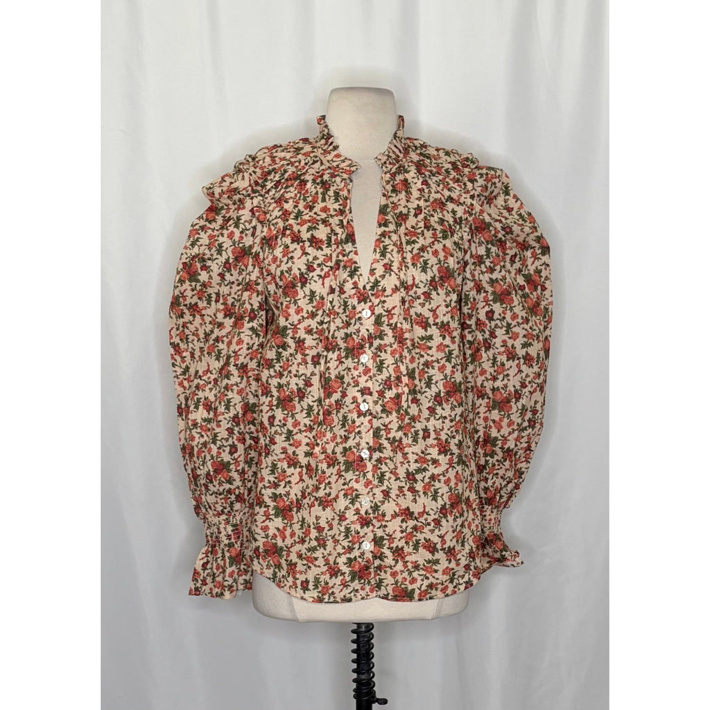 FREE PEOPLE Meant To Be Blouse Floral Vintage Combo Ruffled Smocked Small