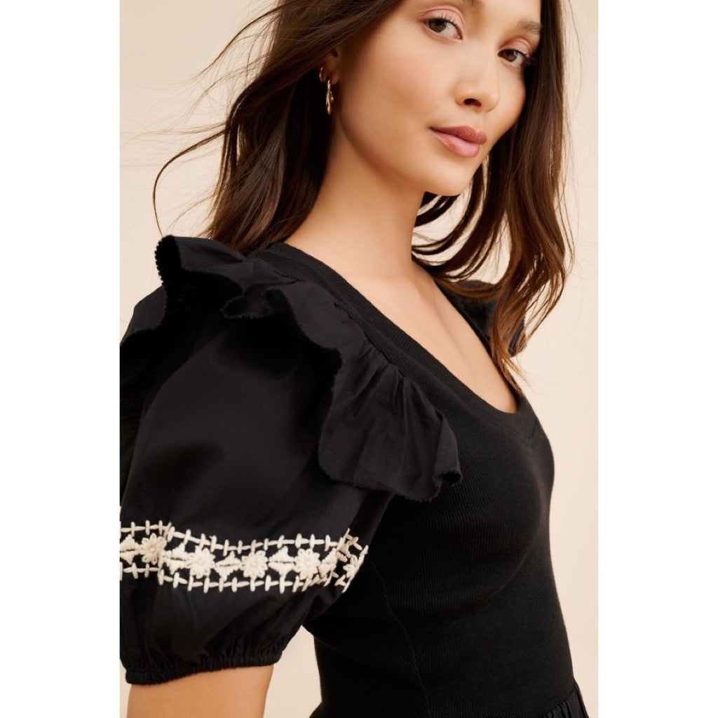 NWT!! CLEOBELLA Selma Midi Dress Embroidered Black Ruffle Puff Sleeves X-Small