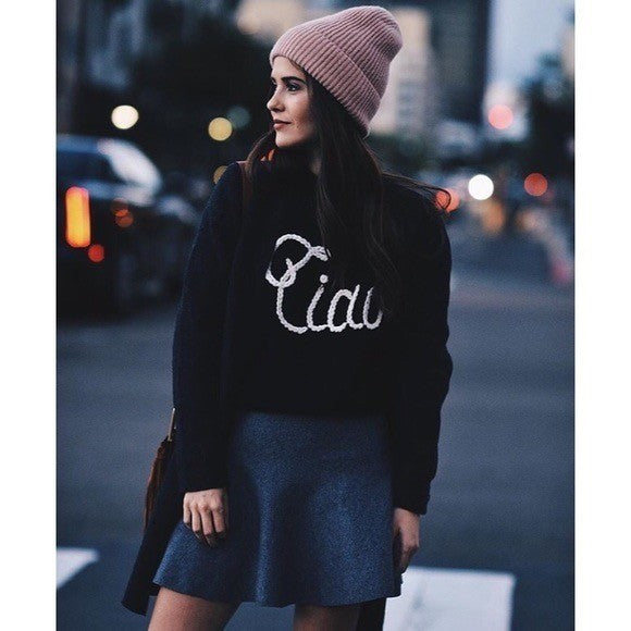 WILDFOX Couture Dinner Party Ciao Bella Black White Embroidered Sweater Small