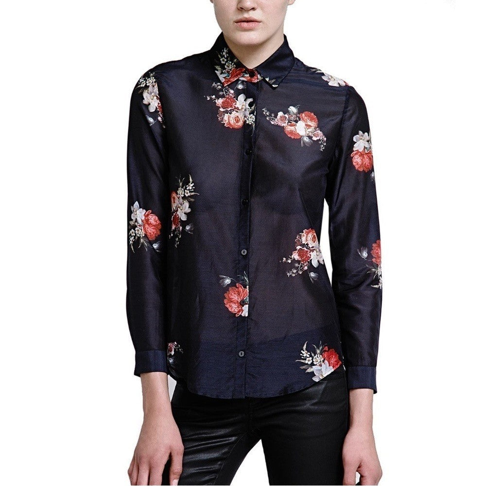THE KOOPLES Silk Blend Black Floral Buttondown Top Blouse Button Down 0 / XS