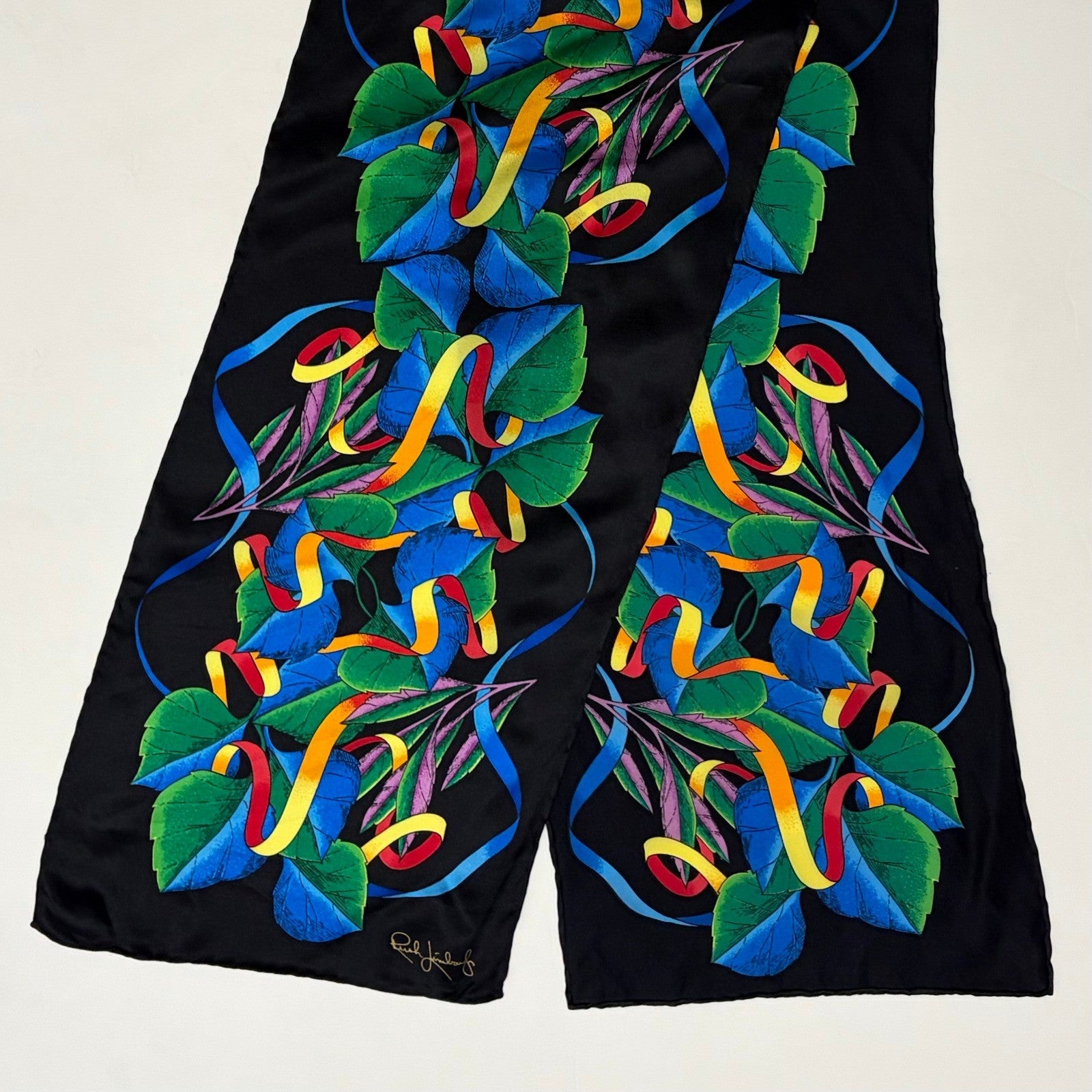 Vintage RUSH LIMBAUGH Aspen Leaves Colorful Rectangular Silk Scarf Black Floral