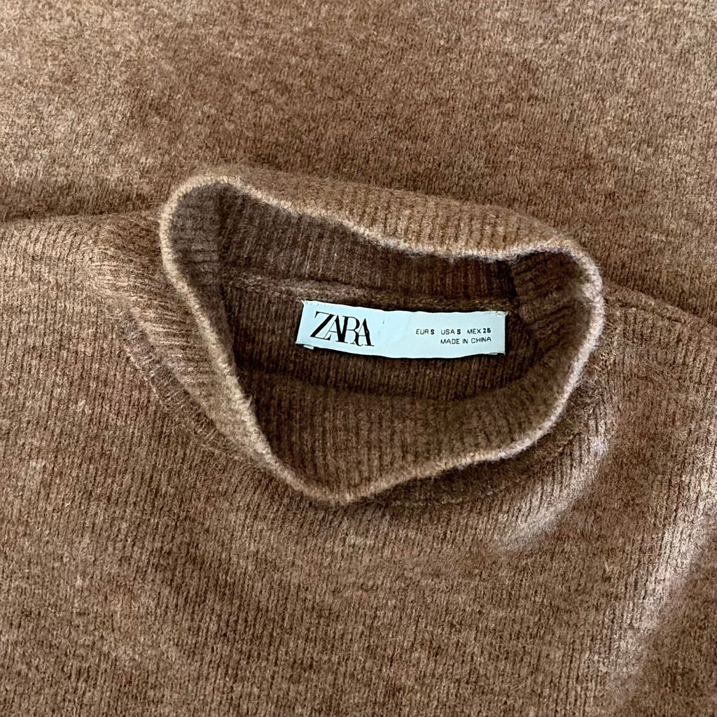 ZARA Chic Mock Neck A-Line Dress Pockets Brown Wool Preppy Mockneck Knit Small