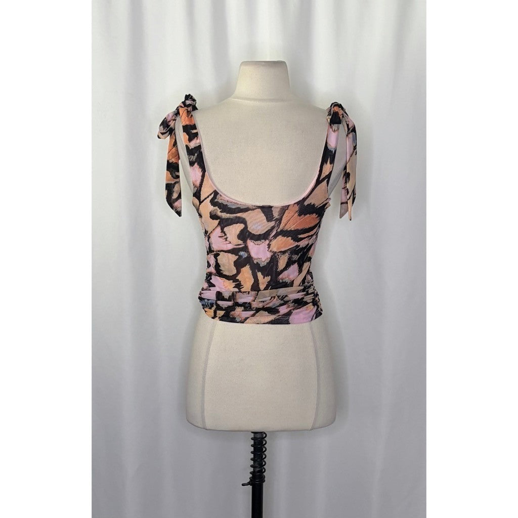FREE PEOPLE Avenue Tank Top Tie Shoulders Scoop Neck Pink Combo Retro Medium